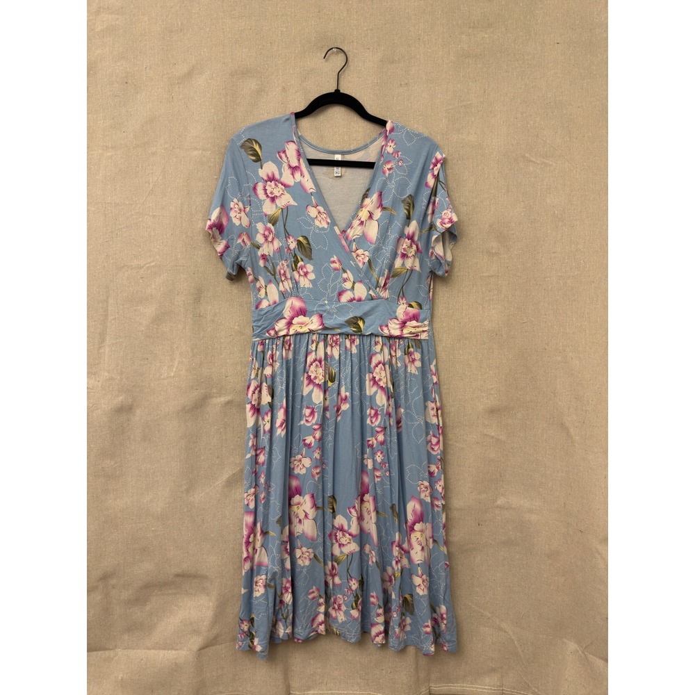 Lilbetter Womens Floral V Neck Empire Waist Midi Dress Blue Pink Short Sleeve XL